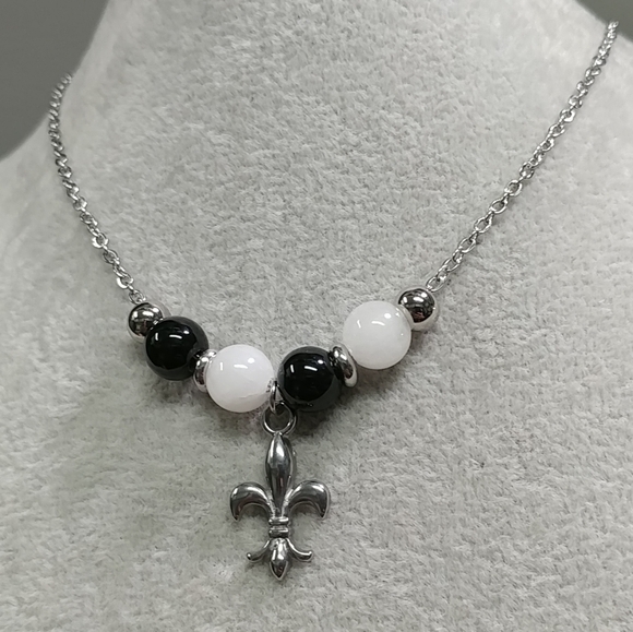 Fleur De Lis Onyx Jade Bead Necklace Natural Gemstone Stainless-Steel 17.5" - Picture 11 of 16